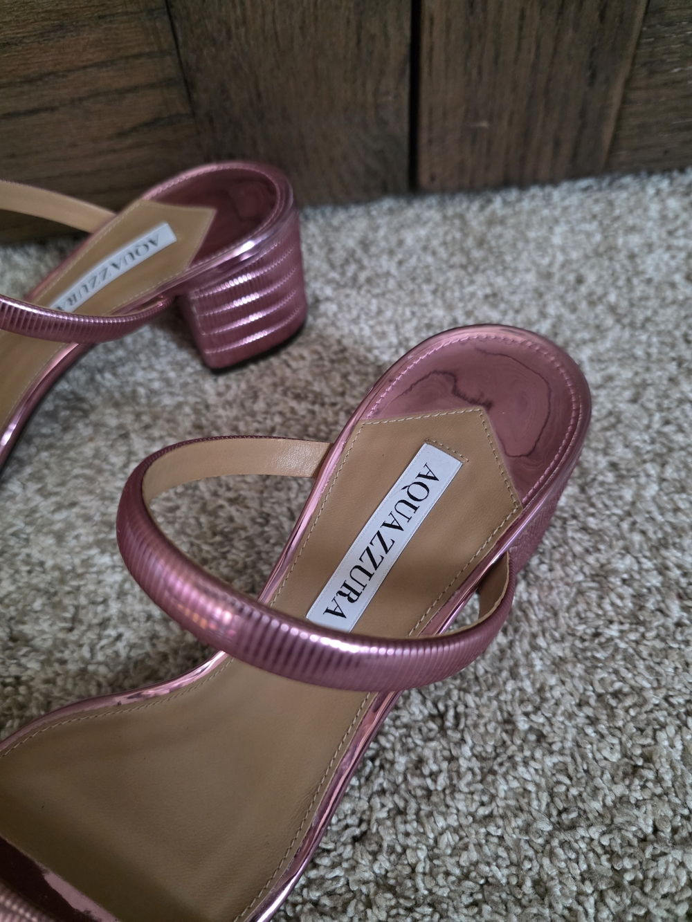 Aquazzura Riviera Metallic Rose Pink Strappy Block Heel Sandals - Picture 3 of 5